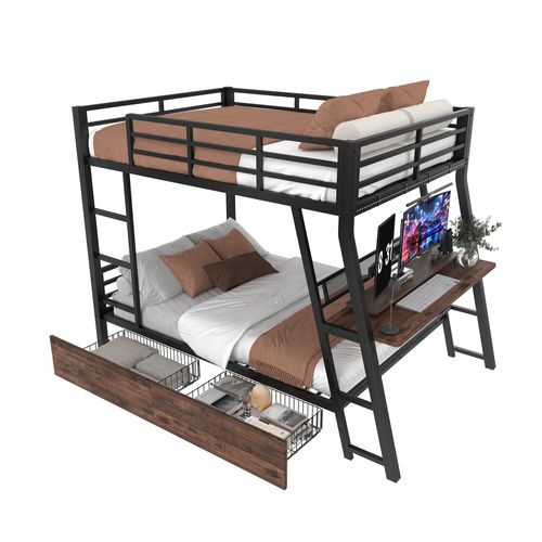 Lit Mezzanine 140x200 Cm Avec Bureau, LED, Tiroirs Et Échelle, Structure En Métal Noir