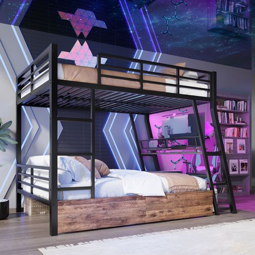 Lit Mezzanine 140x200 Cm Avec Bureau, LED, Tiroirs Et Échelle, Structure En Métal Noir