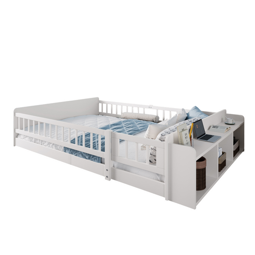 Lit Enfant 140x190 Cm En Bois Blanc Avec Rangements Et Barrière Ouvrable