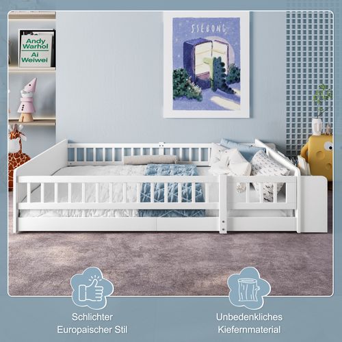 Lit Enfant 140x190 Cm En Bois Blanc Avec Rangements Et Barrière Ouvrable