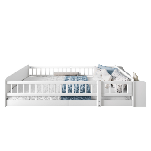 Lit Enfant 140x200 Cm En Bois Blanc Avec Rangements Et Barrière Ouvrable