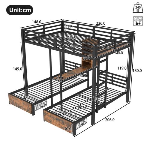 Lit Superposé 3 Couchages 140x200 + 90x200 Cm Noir Avec Rangements