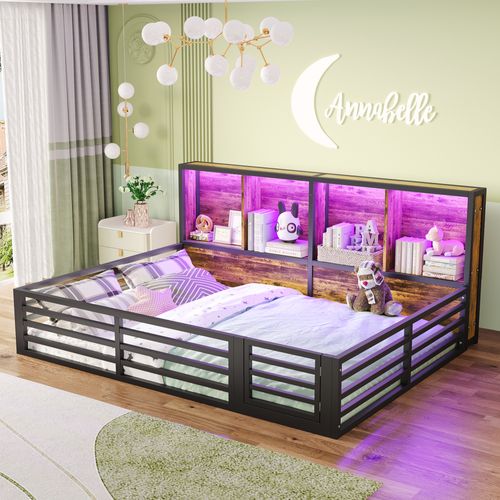 Lit Banquette 140x200 Cm Avec Barrière, Rangements Et Éclairage LED, Noir