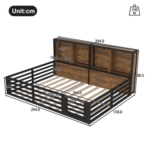 Lit Banquette 140x200 Cm Avec Barrière, Rangements Et Éclairage LED, Noir