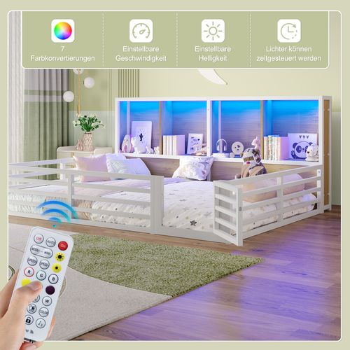 Lit Banquette 140x200 Cm Avec Barrière, Rangements Et Éclairage LED, Blanc