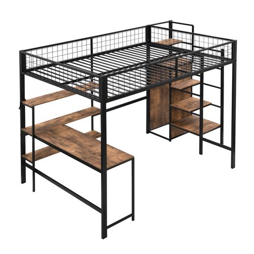 Lit Mezzanine 140x200 Cm Avec Bureau, Armoire Intégrée Et Étagères, Métal Noir
