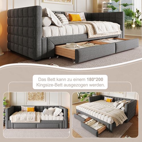 Canapé-lit 90x200 Cm En Velours Gris Avec Dossier Carré, Lit Gigogne Et 2 Tiroirs