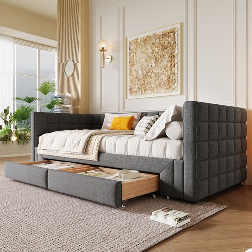 Canapé-lit 90x200 Cm En Velours Gris Avec Dossier Carré, Lit Gigogne Et 2 Tiroirs