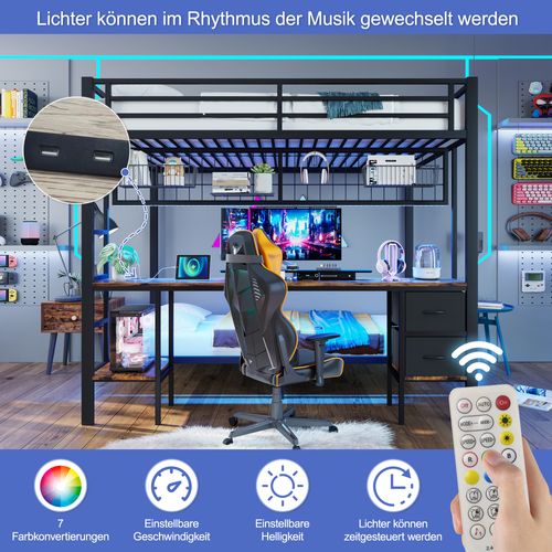 Lit Mezzanine 90x200 Et 140x200 Cm En Métal Avec LED 7 Couleurs, Bureau Et Rangements, Noir