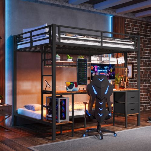 Lit Mezzanine 90x200 Et 140x200 Cm En Métal Avec LED 7 Couleurs, Bureau Et Rangements, Noir
