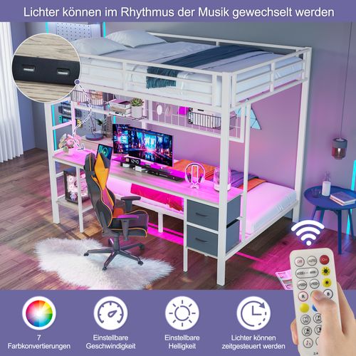 Lit Mezzanine 90x200 Et 140x200 Cm En Métal Avec LED 7 Couleurs, Bureau Et Rangements, Blanc