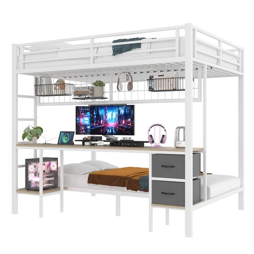 Lit Mezzanine 90x200 Et 140x200 Cm En Métal Avec LED 7 Couleurs, Bureau Et Rangements, Blanc