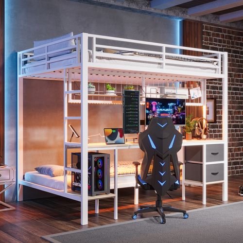 Lit Mezzanine 90x200 Et 140x200 Cm En Métal Avec LED 7 Couleurs, Bureau Et Rangements, Blanc