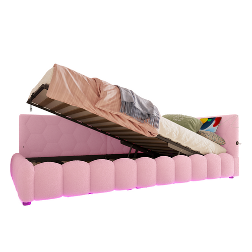 Lit D'appoint 90x200 Cm En Velours Avec LED Multicolore, Rangement Hydraulique, Rose