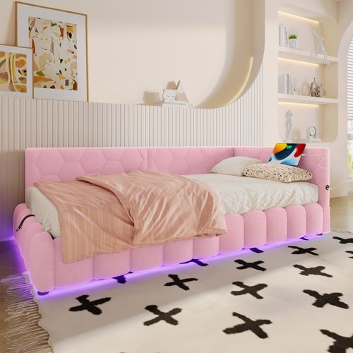 Lit D'appoint 90x200 Cm En Velours Avec LED Multicolore, Rangement Hydraulique, Rose