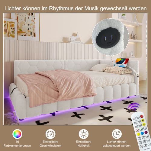 Lit D'appoint 90x200 Cm En Velours Avec LED Multicolore, Rangement Hydraulique, Blanc