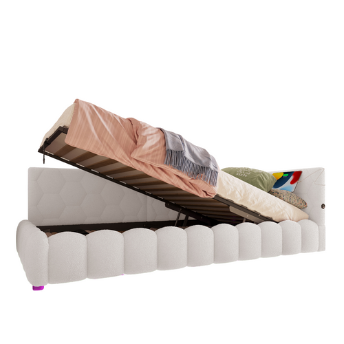 Lit D'appoint 90x200 Cm En Velours Avec LED Multicolore, Rangement Hydraulique, Blanc