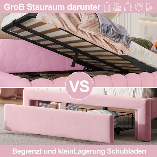 Lit D'appoint 140x200 Cm En Velours Avec LED Multicolore, Rangement Hydraulique, Rose