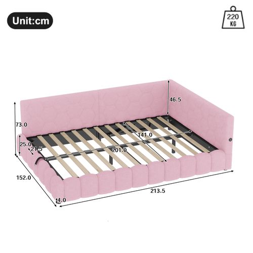Lit D'appoint 140x200 Cm En Velours Avec LED Multicolore, Rangement Hydraulique, Rose