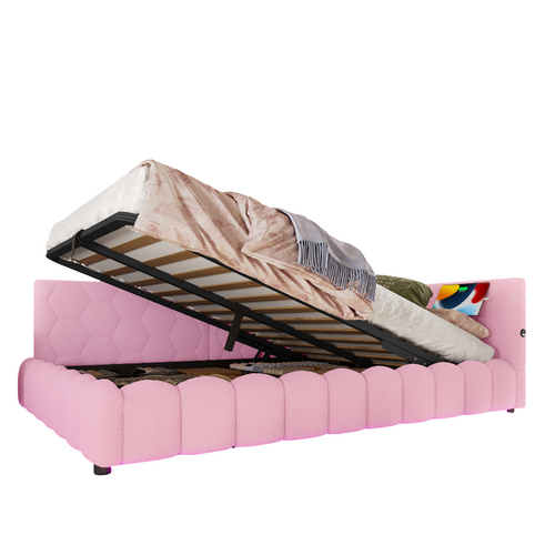 Lit D'appoint 140x200 Cm En Velours Avec LED Multicolore, Rangement Hydraulique, Rose