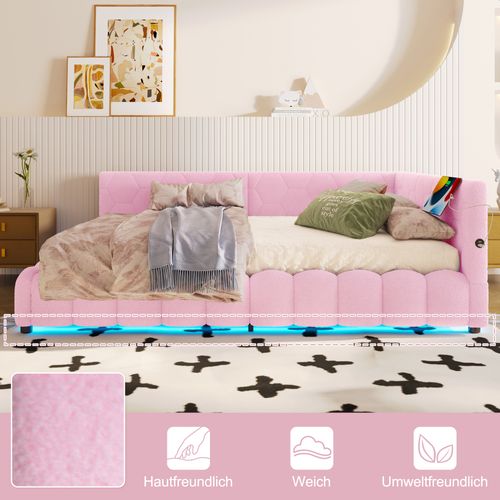 Lit D'appoint 140x200 Cm En Velours Avec LED Multicolore, Rangement Hydraulique, Rose