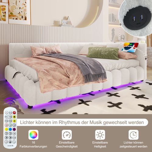 Lit D'appoint 140x200 Cm En Velours Avec LED Multicolore, Rangement Hydraulique, Blanc