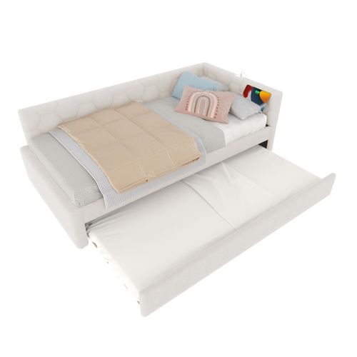 Lit gigogne 90x200 Cm En Velours Avec Canapé-lit Extensible, Lampe Et Ports USB/type-c, Rose