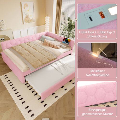 Lit gigogne 140x200 Cm En Velours Avec Canapé-lit Extensible, Lampe Et Ports USB/type-c, Blanc