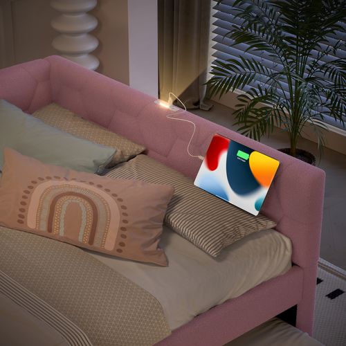 Lit gigogne 140x200 Cm En Velours Avec Canapé-lit Extensible, Lampe Et Ports USB/type-c, Blanc