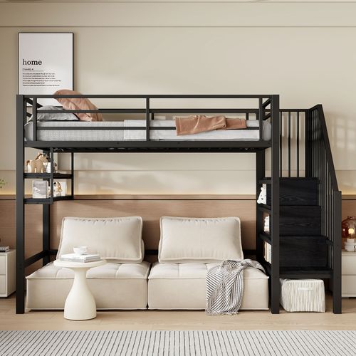 Lit Mezzanine 90x200 Cm Noir Avec Rangements Intégrés, Étagères Et Espace Libre Dessous