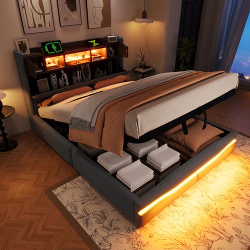 Lit Coffre Rembourré 140x200 Cm Gris Avec LED, USB Et Rangement Hydraulique