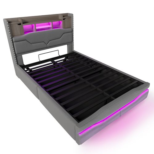 Lit Coffre Rembourré 140x200 Cm Gris Avec LED, USB Et Rangement Hydraulique
