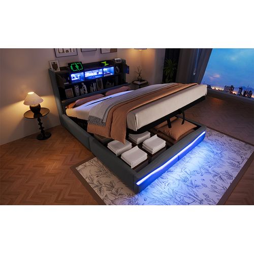 Lit Coffre Rembourré 140x200 Cm Gris Avec LED, USB Et Rangement Hydraulique