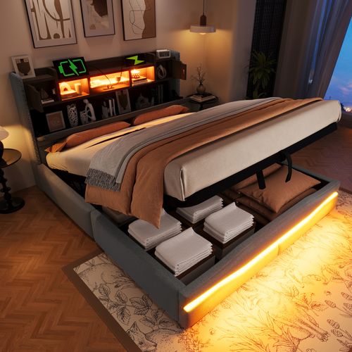 Lit Coffre Rembourré 160x200 Cm Gris Avec LED, USB Et Rangement Hydraulique