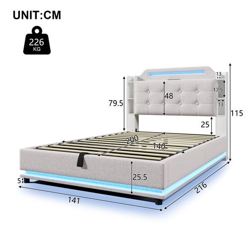 Lit Coffre Lin 140x200 Cm Beige Avec LED, Rangements Et Charge Rapide USB/type-c