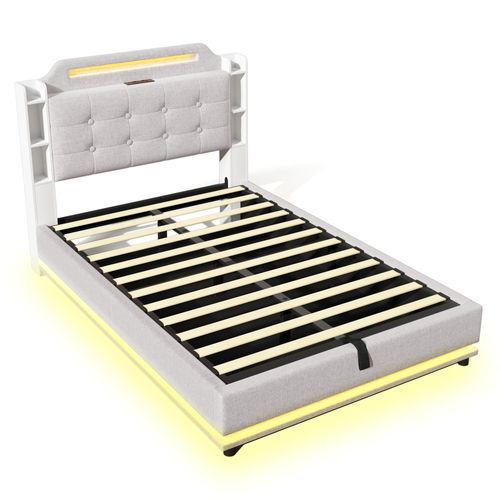 Lit Coffre Lin 140x200 Cm Beige Avec LED, Rangements Et Charge Rapide USB/type-c