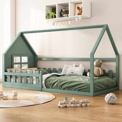 Lit Enfant Maison 90x200 Cm En Pin Et Mdf Vert, Design Ludique