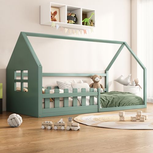 Lit Enfant Maison 90x200 Cm En Pin Et Mdf Vert, Design Ludique