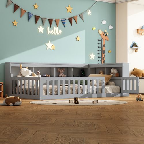 Lit D'appoint 90x200 Cm Gris Avec Rangement, Prises USB Et Barrière Amovible