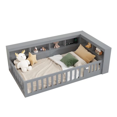 Lit D'appoint 90x200 Cm Gris Avec Rangement, Prises USB Et Barrière Amovible