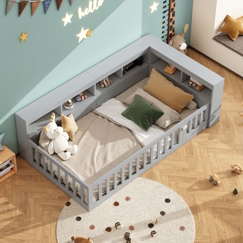 Lit D'appoint 90x200 Cm Gris Avec Rangement, Prises USB Et Barrière Amovible