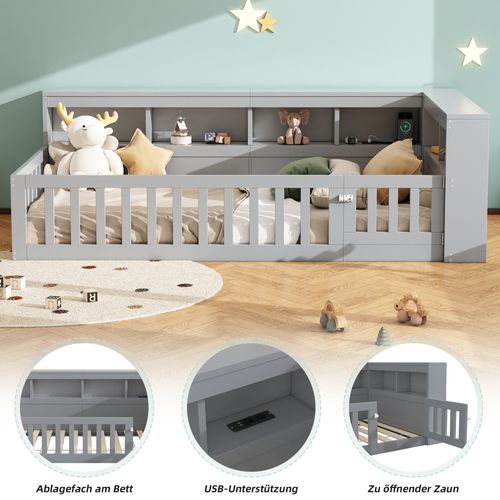 Lit D'appoint 90x200 Cm Gris Avec Rangement, Prises USB Et Barrière Amovible