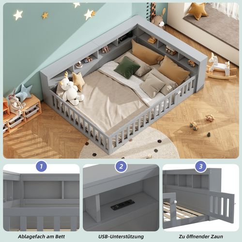 Lit D'appoint 140x200 Cm Gris Avec Rangement, Prises USB Et Barrière Amovible