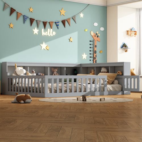 Lit D'appoint 140x190 Cm Gris Avec Rangement, Prises USB Et Barrière Amovible