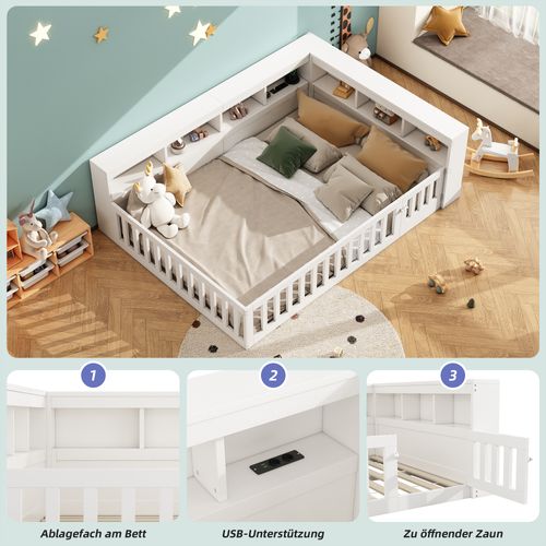 Lit D'appoint 140x190 Cm Blanc Avec Rangement, Prises USB Et Barrière Amovible