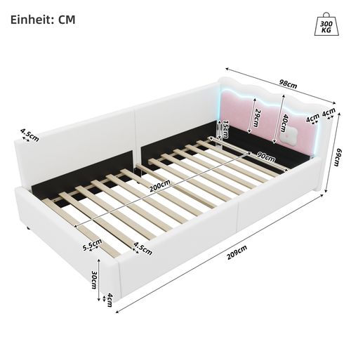 Lit Banquette 90x200 Cm Blanc Avec LED Et Revêtement Doux, Sans Matelas