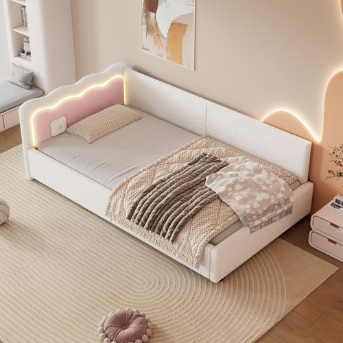 Lit Banquette 90x200 Cm Blanc Avec LED Et Revêtement Doux, Sans Matelas