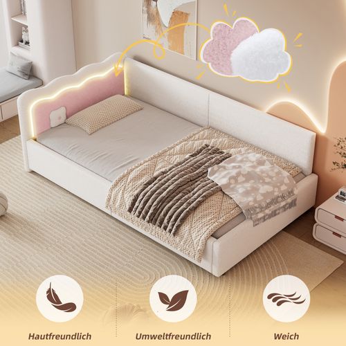 Lit Banquette 90x200 Cm Blanc Avec LED Et Revêtement Doux, Sans Matelas