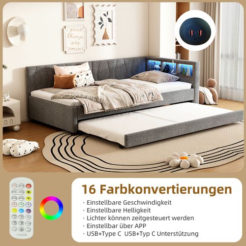 Lit gigogne 90x200 Cm Gris Avec Tiroir, LED, USB Et Étagères Intégrées