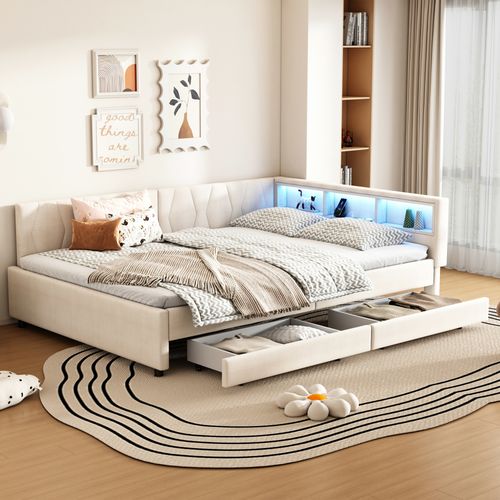 Lit Banquette 140x200 Cm Avec Tiroirs, LED, Ports USB-c Et Rangements, Beige